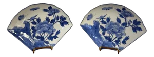 Antique Japanese Blue and White Fan Shaped Imari Dishes, 1900, Set of 2