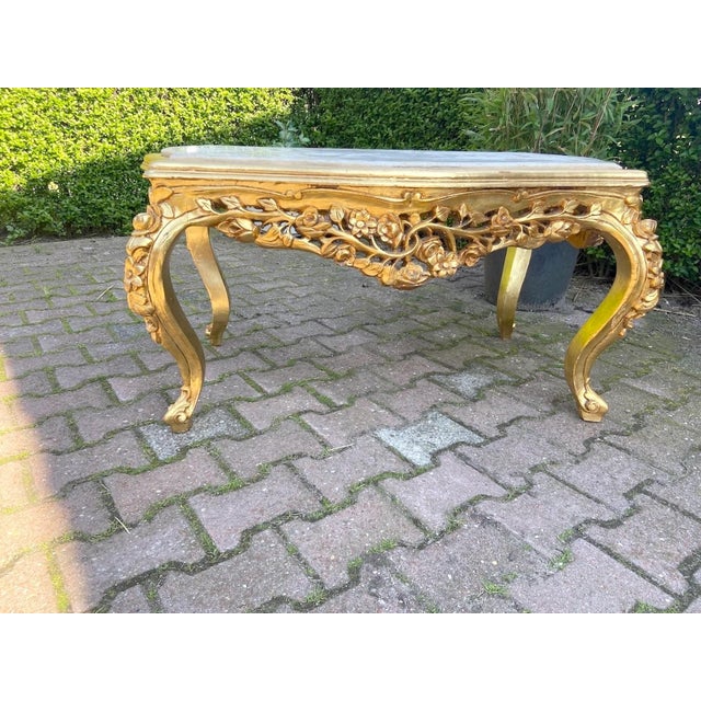 1980s Artisan Louis XVI Gold Beech Marble Coffee Table For Sale - Image 10 of 11
