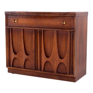 1960s Broyhill Brasilia Walnut and Brass Flip Top Bar Cart For Sale