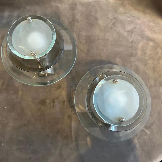 Mid-Century Modern Two 1960s Space Age Glass and Chromed Metal Italian Wall Sconces by Veca For Sale - Image 3 of 11