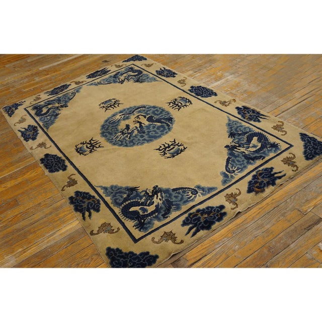 1930s Beige Field Traditional Dragon Antique Chinese Baotou Small Rug For Sale - Image 4 of 9
