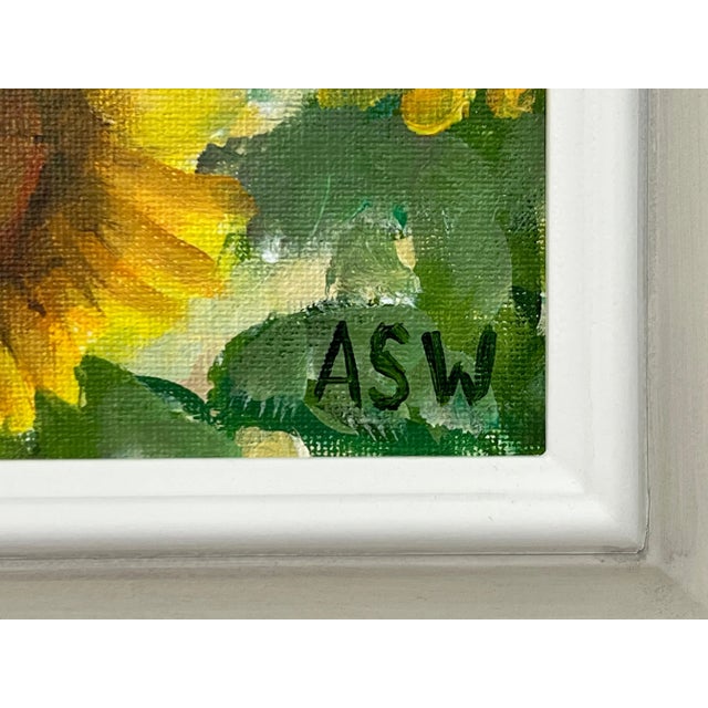 Angela Wakefield Golden Yellow Sunflowers Study on Green Background by Contemporary Artist, 2023 For Sale - Image 12 of 12