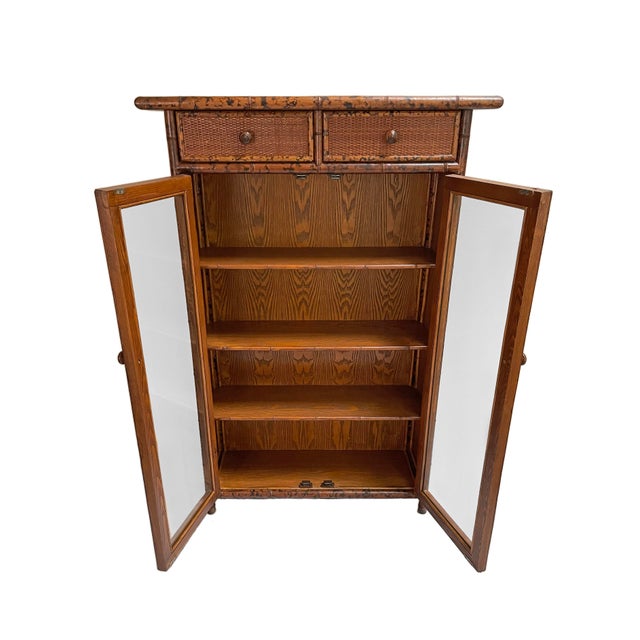 English Late 20th Century British Colonial Style Faux Tortoise Bamboo Rattan Display Cabinet Shelving Drawers Glazed Doors Vitrine For Sale - Image 3 of 8