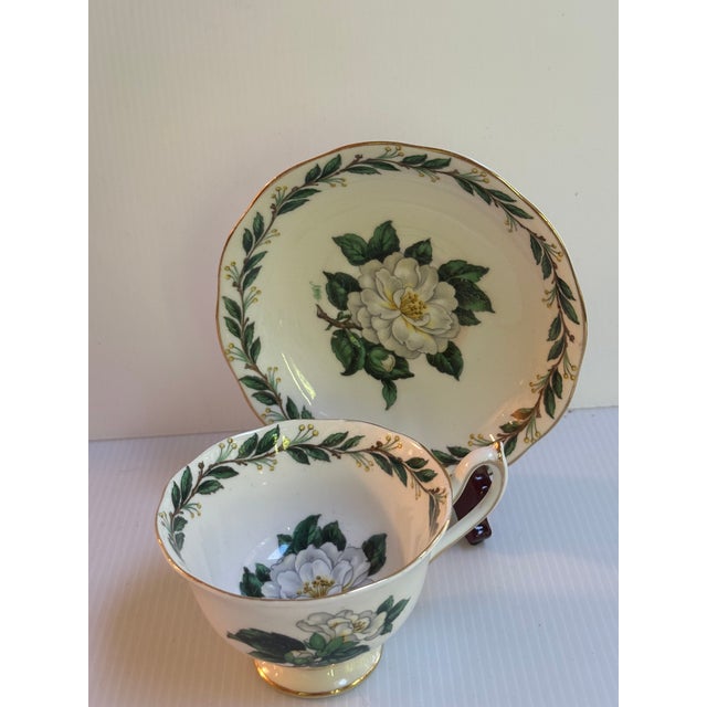 Art Deco Vintage Royal Albert England "Lady CLARE"Sign A.Wagg Teacup and Saucer Set White Gardenia Green Leaves For Sale - Image 3 of 18
