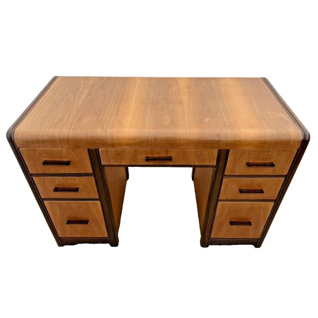 Vintage Art Deco Desk, Waterfall Top, Seven Drawers with Bakelite Pulls, Walnut 44" Wide X 30" Tall X 21" Deep. Very Good...
