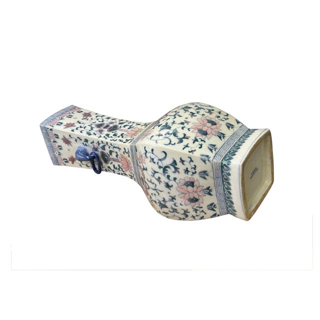 1990s Vintage Oriental Porcelain White Blue Pink Color Flower Bats Graphic Art Vase For Sale - Image 5 of 10