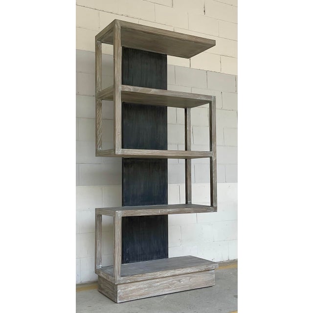 Stylish Modern Light Gray Wood Nicasia Etagere, black back support, showroom floor sample