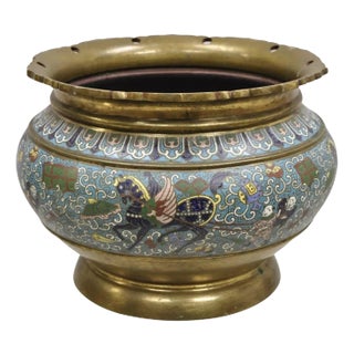 Mid 20th Century Japanese Meiji Style Cloisonné Champleve Enameled Bronze Jardiniere Planter Bowl For Sale