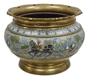 Mid 20th Century Japanese Meiji Style Cloisonné Champleve Enameled Bronze Jardiniere Planter Bowl