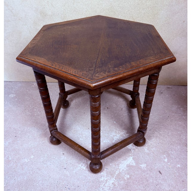 1930s Spanish Hexagonal Wood Side Table with Turned Legs, 1930 For Sale - Image 5 of 10