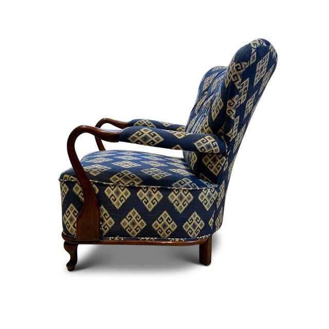 A Fritz Hansen Stained Beech Open Framed Armchair with Kilim Upholstery Extremely comfortable sprung seating. No branding...