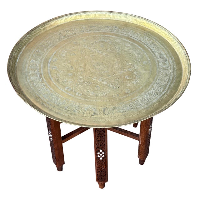 Moroccan Antique Hand-Etched Brass Tray With Hand-Carved Walnut Wood Base and Mother-of-Pearl Inlay For Sale - Image 3 of 10