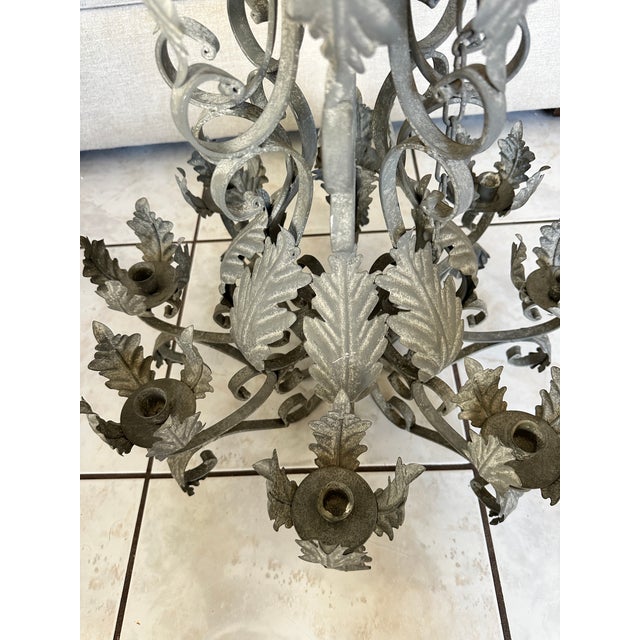 Vintage Patina Wrought Iron Tole Leaf 8 Candle Chandelier 30" Heavy French Style For Sale In Miami - Image 6 of 13
