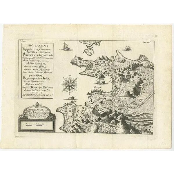 Antique map titled 'Hic Jacent Puteolorum Bajarum (\.)'. Old map of the region of Pozzuoli showing the topographic and...