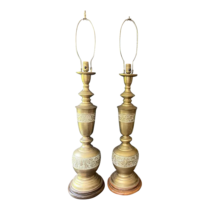 Mid Century Tall James Mont Style Brass Table Lamps - a Pair