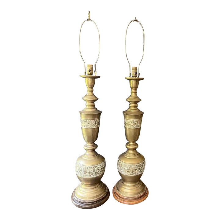 Mid Century Tall James Mont Style Brass Table Lamps - a Pair