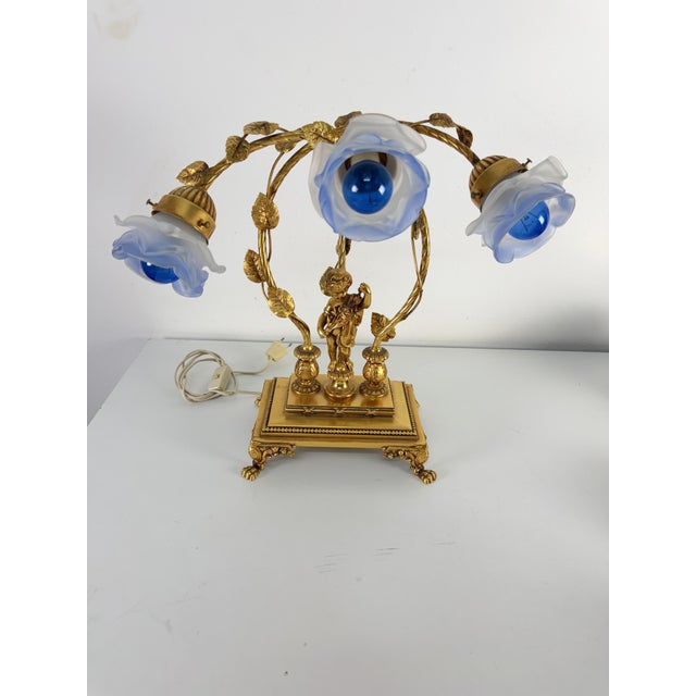 Large Italian Art Nouveau Three-Light Table Lamp in Gilded Bronze and Murano Glass, 1980s For Sale - Image 6 of 15