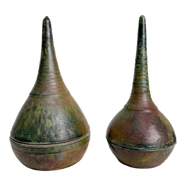Vintage Raku Fired Lidded Vessels - A Pair For Sale