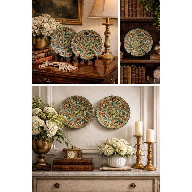 Emerald Antique 1879 Griffen Smith Hill Begonia Majolica Plates – Etruscan Pottery Pair For Sale - Image 8 of 9