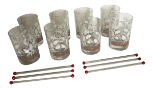 Vintage Holly Branch Red & White Christmas Glasses and Sizzle Sticks-Set of 14