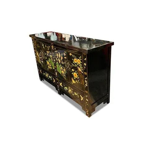 2010s Shanxi Black Lacquer Hand Painted Elm Buffet Table For Sale - Image 5 of 6