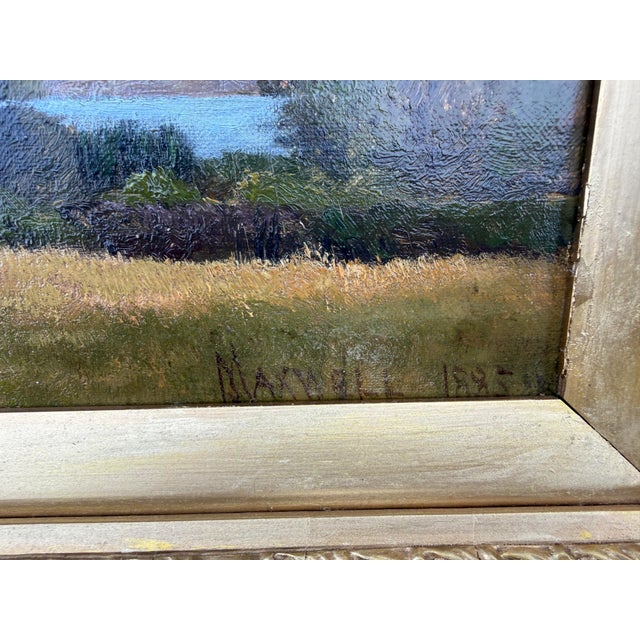 Paint Antique Oil Painting Landscape by Maxwell 1885 Trees Water Mountains Gold Frame For Sale - Image 7 of 12