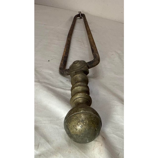 Metal Antique 18th Century Wrought Iron Turned Brass English Fireplace Tongs Tool 25 For Sale - Image 7 of 9