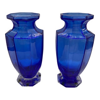 1980s Crystal Blue Vases- Set of 2 For Sale
