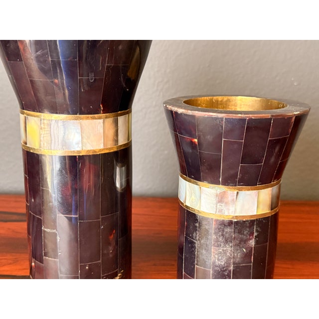 Burnt Umber 1980s Pair of Tessellated Horn and Brass Candle Holders For Sale - Image 8 of 12