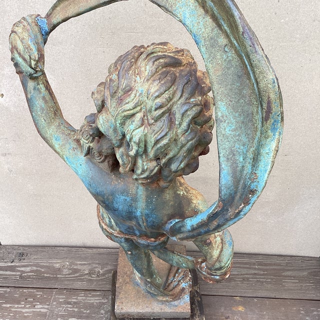 Antique Large Iron Garden Statue " Dancing Nymph With Scarf" on Plinth For Sale - Image 9 of 12