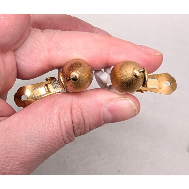 Metal Vintage 1960s Signed Napier Goldtone Looped White Bead Drop Clip Earrings-2 Pieces For Sale - Image 7 of 8