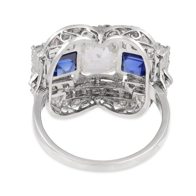 1960s Mid Century Gia 2.08 Carat Old Mine Cut Diamond Sapphire Platinum Cocktail Ring, Size 6.75 For Sale In Los Angeles - Image 6 of 8