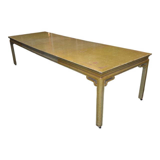 1950s Vintage Green Wooden Asian / Chinoiserie Dining Table with 3 Leaves For Sale