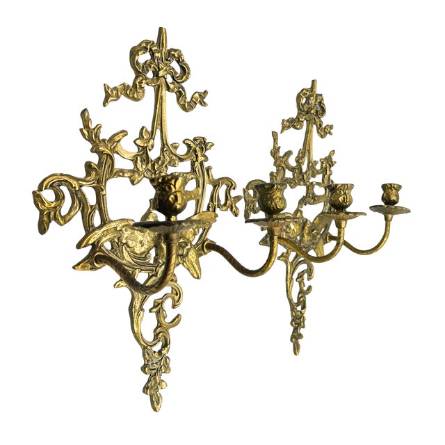 Late 20th Century Pair of Vintage Cast Brass Lovebird Wall Candle Sconces – Hollywood Regency / French Country For Sale - Image 5 of 15