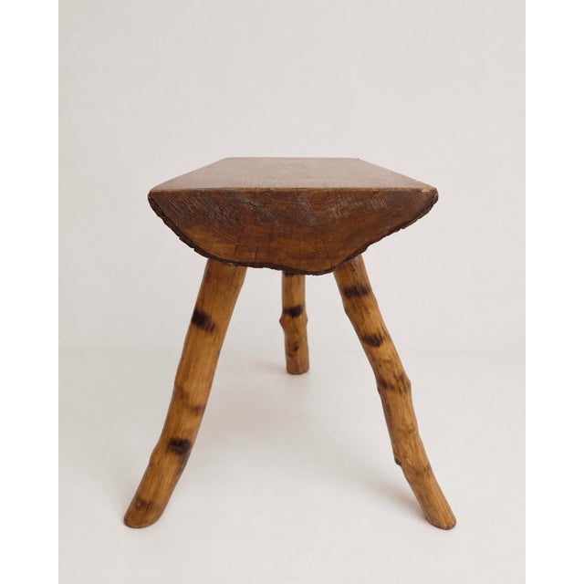 Rustic Mid-Century Rustic Wooden Stool with Bamboo Legs and Slab Top For Sale - Image 3 of 6