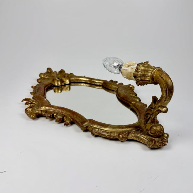 Rococo Vintage Rococo Style Gilded Wood Wall Mirror with Lamp, Italy, 1950s For Sale - Image 3 of 7