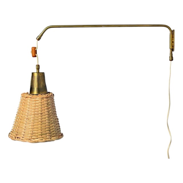 1970s Ateljé Lyktan, Articulating Wall Light, Brass, Cane, Teak For Sale