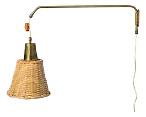 1970s Ateljé Lyktan, Articulating Wall Light, Brass, Cane, Teak