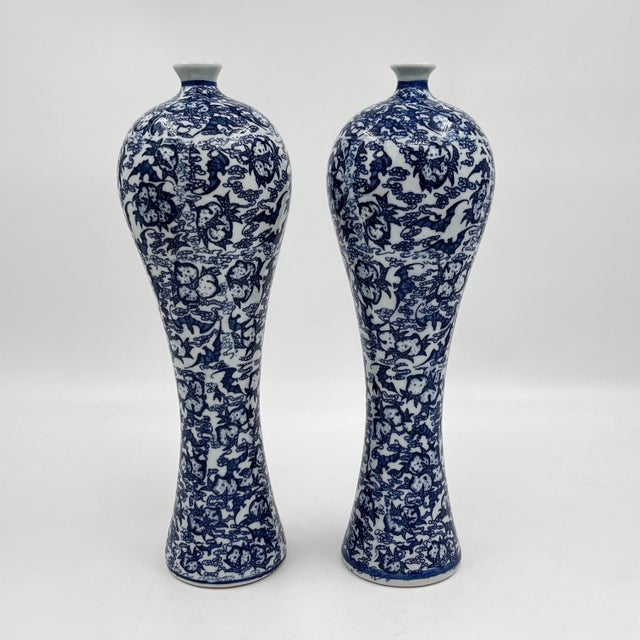 Late 20th Century Vintage Chinoiserie Blue and White Tall Slender Dragon Vases - A Pair For Sale - Image 5 of 9