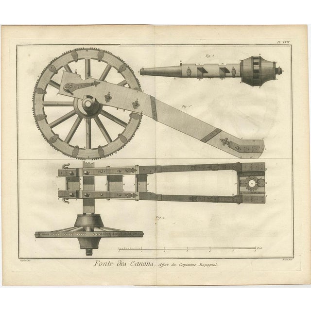 Title: 18th-Century Artillery Engraving of the Spanish Captain's Carriage and Mechanisms : This highly detailed 18th-...