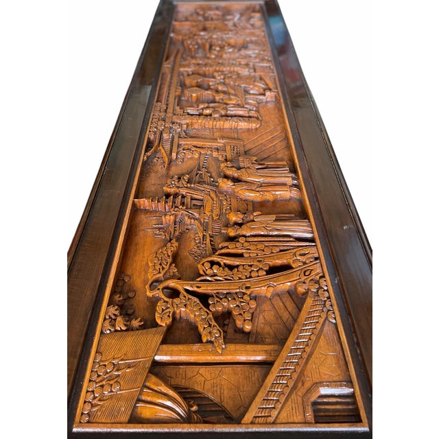 Asian Mid 20th Century Monumental Hand-Carved Asian Narrative Coffee Table With Pagodas, Figures & Original Glass Top For Sale - Image 3 of 11