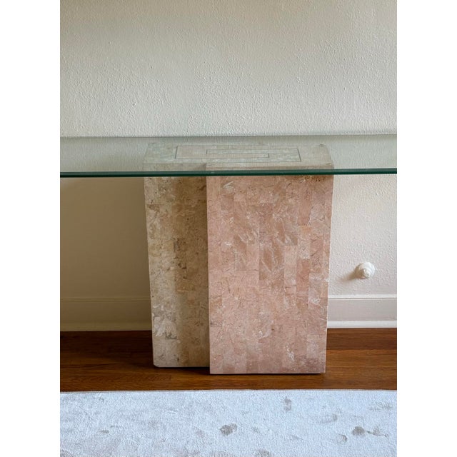 1980s A Pink Fossil Stone Console Table With Glass Top by Magnussen, Circa 1980 For Sale - Image 5 of 12