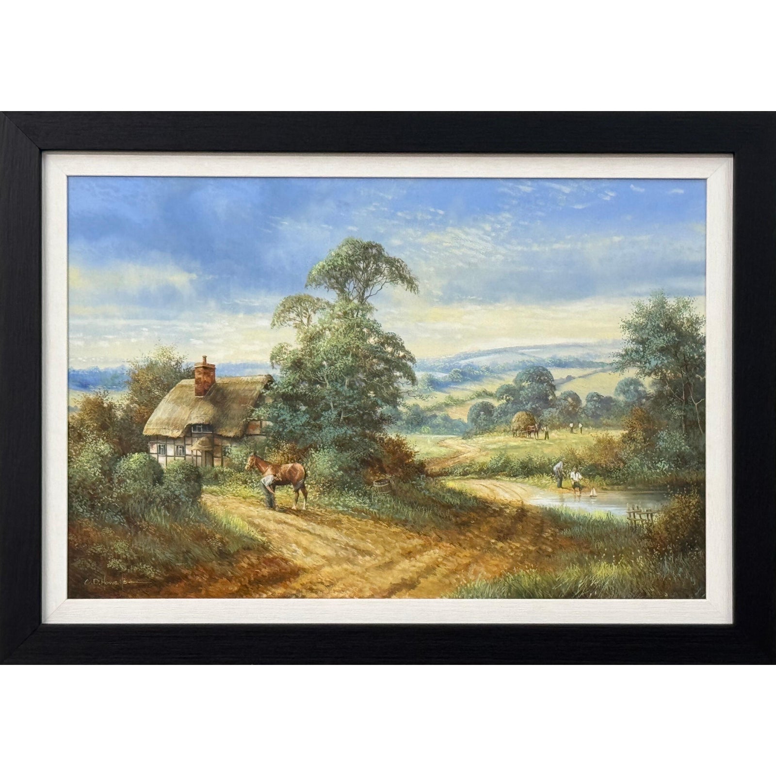 Rural Scene with Horses, Farm Workers & Thatched Cottage in English ...