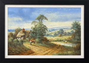 Rural Scene with Horses, Farm Workers & Thatched Cottage in English Countryside 1980 Circa