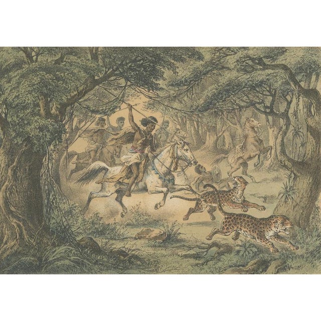 Late 19th Century German School, Leopard Hunt in the Jungle Wildlife Adventure Lithograph, 1883, Lithograph For Sale - Image 5 of 9