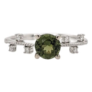 Green Tourmaline Ring W Earth Mined Diamonds in Solid 14k White Gold Round 5.5mm, Size 6.75 For Sale