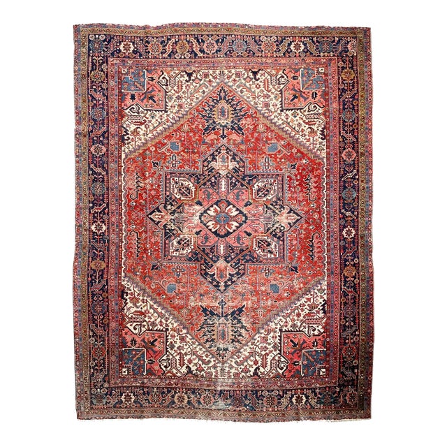 1920's Antique Deep Red and Blue Coloring Rug 10 6 X 13 For Sale