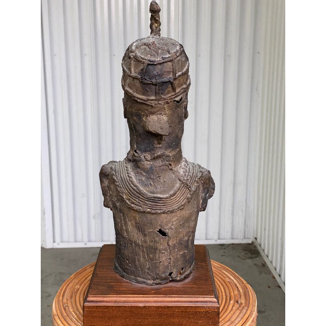 Wood Vintage African Benin-Style Bronze Royal Bust Sculpture For Sale - Image 7 of 14
