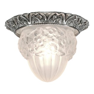 1930s Degue French Art Deco Floral Frosted Glass Flush Mount - 2 Available For Sale