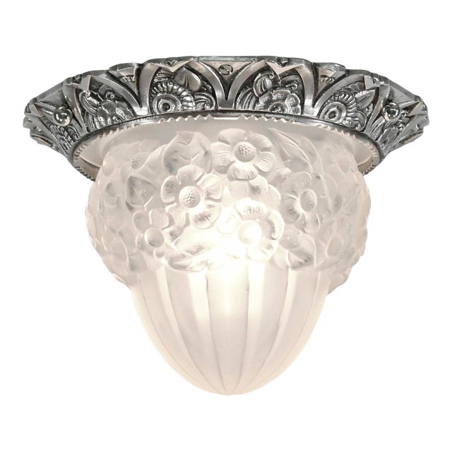 1930s Degue French Art Deco Floral Frosted Glass Flush Mount - 2 Available For Sale